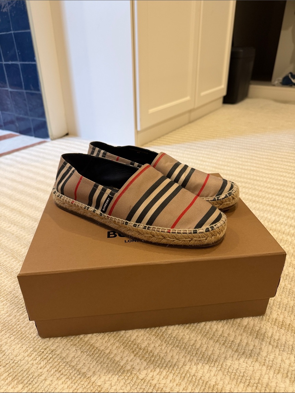 Burberry Beige Canvas Loafers with Black & Red Stripes